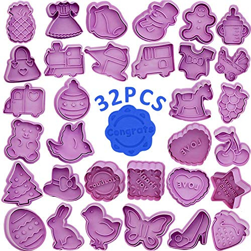 WENTS - Set di 32 formine per biscotti in plastica per bambini con espulsore perfetto per pasticceria per biscotti e biscotti per cucina, decorazioni natalizie