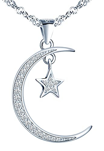 MicVivien Women Necklace Sterling Silver 925 Moon and Star Pendant Necklace with Sparkle Cubic Zirconia Jewellery for Mum Wife Girlfriend