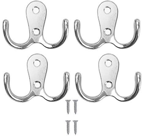 4 Pieces Double Prong Robe Hooks Metal Cloth Hanger Dual Coat Hooks Hanging Clothes for Bathroom Bedroom Door Wall for Coat, Scarf, Bag, Towel, Key, Cap with 8 Screws