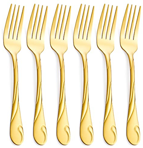 Gold Dinner Fork Set, Seeshine 7.8-inch Stainless Steel Shiny Gold Metal Table Fork Silverware, Set of 6