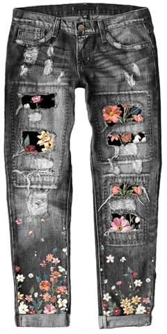 EVALESS Ripped Jeans for Women Embroidered Plaid Patch Vintage Floral Print Stretchy Distressed Boyfriend Losse Mid Rise Distressed Flower Straight Ankle Denim Jeans Pants with Hole Grey X-Large