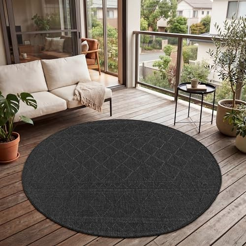Paco Home Outdoor Teppich, Wetterfest, UV-beständig & Pflegeleicht, Flachgewebe Modern Boho-Style. Ideal für Terrasse Balkon Wohnzimmer & Küche, Grösse:120 cm Rund, Farbe:Anthrazit 2