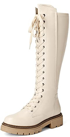 DREAM PAIRS knähöga damstövlar stövlar stövlar kvinnor platt halkfri yttersula snygga och praktiska vinterstövlar damer, Beige, 37 EU