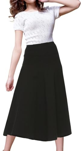BGDK Cotton Midi Panel Skirt for Women - 33 Inch Length, Pleated, Elastic Waist, High Waist Flowy Skirt for Work, Office, Business, Church - Black, xx Small