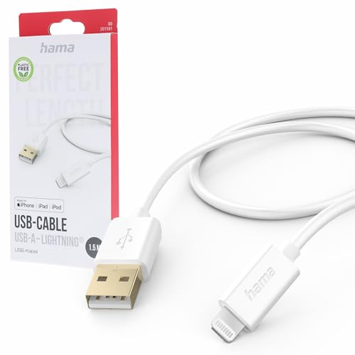 Hama Ladekabel USB A auf Lightning, MFI zertifiziert, vergoldet, 1,5m | Lightning Kabel weiß, iPhone Ladekabel, für iPhone 14 13 12 11 Pro Max Plus mini SE XS Max XR X 8 7, iPad Pro Air mini, iPod