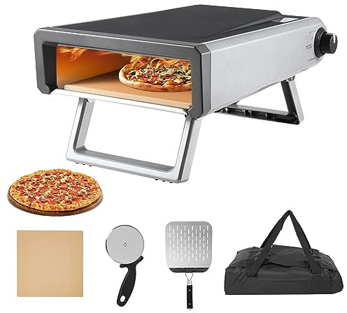 Pizza Oven Gas Outdoor 12'' Portable Stainless Steel Propane Pizza Oven, Outdoor Pizza Maker with Rotating Stone and Pizza Accessories for Backyard, Camping, Party Baking