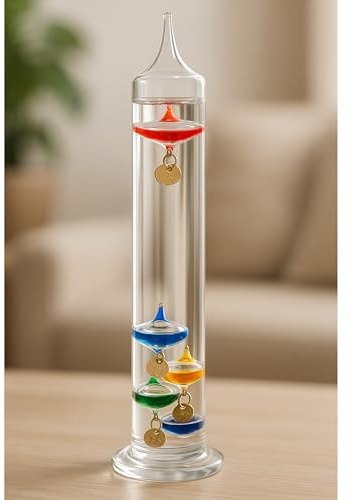 ROCKING GIFTS Termometro Galileo Tubo de Cristal 22 cm, para Exterior o Interior, Analógico, Bolas Flotantes Colores