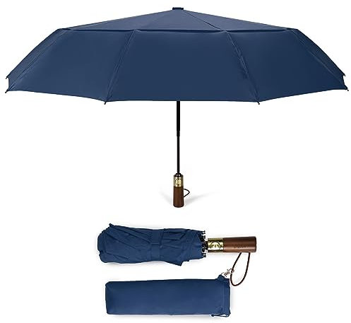 ECOHUB Travel Umbrella Windproof Strong With Compact Foldable, Automatic Open/Close, 10 Sturdy Ribs, Recycled PET Fabric, Wooden Handle & Ventilated Waterproof Canopy - Anti-Lost Sleeve, Navy Blue