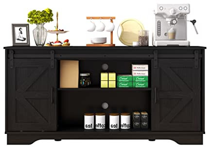 Panana Sideboard, Küchenschrank mit 2 Schiebetüren und Verstellbarem Regal, Aufbewahrungsschrank für Küche, Wohnzimmer, Esszimmer, 150 x 40 x 71 cm (Schwarz)