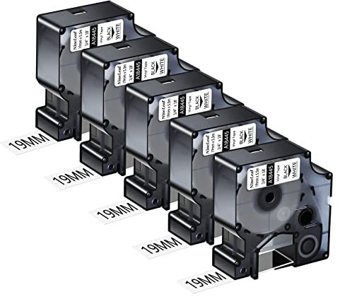 NineLeaf 5 Packung Ersatz für Dymo IND 18445 A18445 19mm x 5.5m Bänder Schwarz auf Weiß Vinyl Permanentes Industrie Schriftband für Rhino 4200 5200 5000 6000 ILP 3M PL150 PL200 Beschriftungsgerät