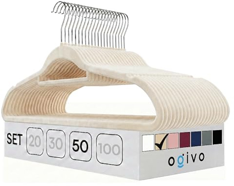 OGIVO Kleiderbügel Samt 50er Set (Beige) 360° drehbarer Haken rutschfest | Hangers Clothes, Krawattenhalter, Schulterkerben, Hosenbügel, 360° drehbarer Haken, rutschfest