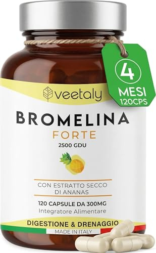 Bromelina Forte Drenante Anticellulite, Digestivo, Diuretico e Antinfiammatorio Naturale - 120 Capsule Vegane per 4 Mesi - 1 Capsula al Giorno per Sgonfiare Pancia e Gambe