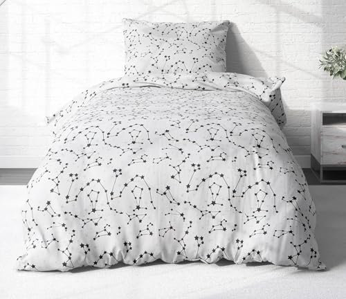 Heubergshop 2-teilige Renforce Bettwäsche 135x200cm und 80x80cm - Sternenhimmel, Sternzeichen in Weiß und Schwarz - 100% Baumwolle, Bettgarnitur (KY-530/1-Renforce)