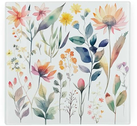 Pastel Flowers Large Square Glass Worktop Protector - Floral Glassware Gift - Smooth Board Kitchen Chopping/Cutting Board Worktop Saver with Non-Slip Feet 30cm x 30cm (12 x 12)