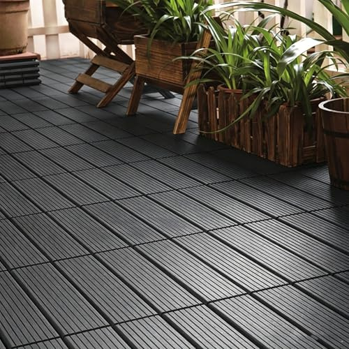 PEILU WPC Terrassenfliesen 30x30cm Holzoptik Klickfliese Platten mit Plastik Entwässerungsnetz Wetterfeste Balkonfliese 11er Set Bodenbeläge für 1m² Außen Balkon Terrasse Garten Teiche (Anthrazit)