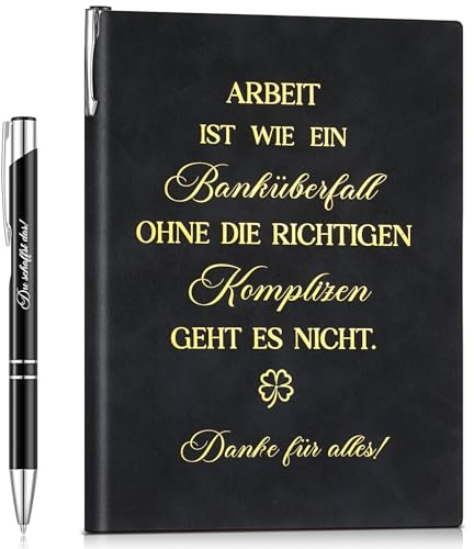 Clabby 2er Set Geschenk für Kollegen A5 Notizbuch PU Leder Notizblock mit Spruch Arbeit Ist Wie Ein Banküberfall Motivierender Kugelschreiber Inspirierende Stift Dankesgeschenk Mitarbeiter(Schwarz)