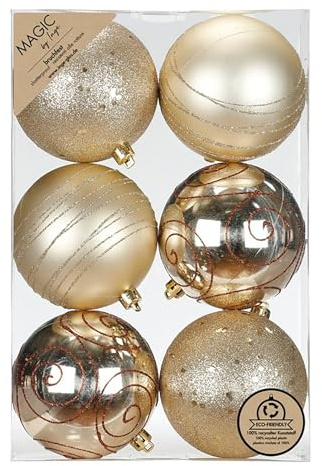 Inge-glas Weihnachtskugeln Kunststoff 8cm 6er Set - bruchsicher & mit Glitzer Muster - Große Christbaumkugeln für Weihnachtsbaum - Weihnachtsbaumkugeln & Christbaumschmuck Champagner - Creamy Gold