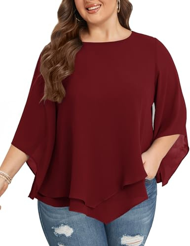 Hanna Nikole Camicette da donna di grandi dimensioni, in chiffon, maniche a 3/4, a doppio strato, elegante, a maniche lunghe, Rosso intenso, 54