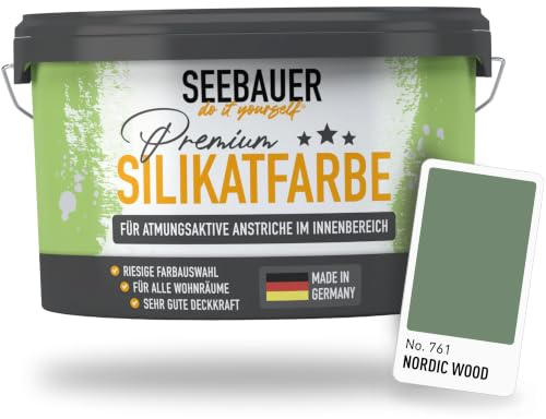 SEEBAUER diy Silikatfarbe Dunkelgrün 5L für Innen (No. 761 Nordic Wood) Atmungsaktive Mineralfarbe für Allergiker - Abwaschbare Wandfarbe - Grüntöne hohe Deckkraft