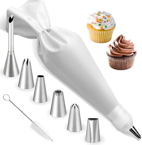 Saccapoche Professionale, Riutilizzabile da 39 cm Viene con 6 Diversi Ugelli in Acciaio Inossidabile, 1 Adattatori e Una 1 Spazzola per Decorare Cupcakes, Torte, Biscotti e Frittelle