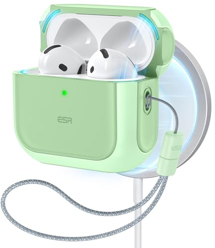ESR Funda para AirPods 4 (2024), Compatible con AirPods de 4.ª Generación(USB-C), Compatible con MagSafe, Funda Protectora contra Caídas con Correa, Tapa Magnética, Funda Híbrida Orbit, Verde