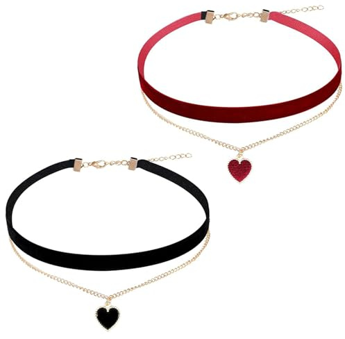 2 Stück Choker Kette Damen, Joker Choker, Punk Gothic Verstellbare Herz Halskette Rot Schwarze, Klassischer Eleganter Schwarzes Rote Kette Halskette für Teenager Mädchen Trachtenschmuck Damen