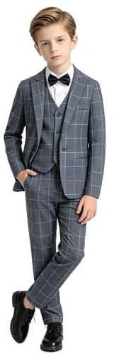 LOLANTA 5 Piece Boys Grey Suit Set, Page Boy Wedding Birthday Suit, Kids Plaid Blazer Suit Boys Formal Tuxedo Jacket Trousers Vest Shirt Bow Tie(Grey, 11-12 Years, 160)