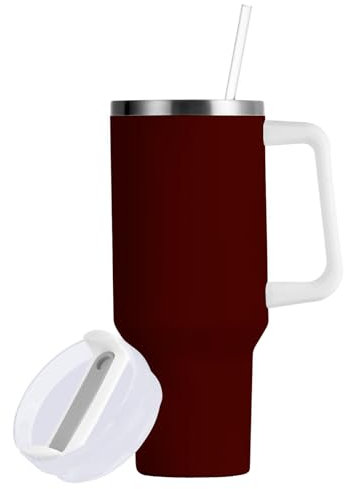 linqin Vaso aislado al vacío liso borgoña con tapa con pajilla, botella de agua de 30 onzas con correa, taza de té reutilizable para el hogar, la oficina o el coche