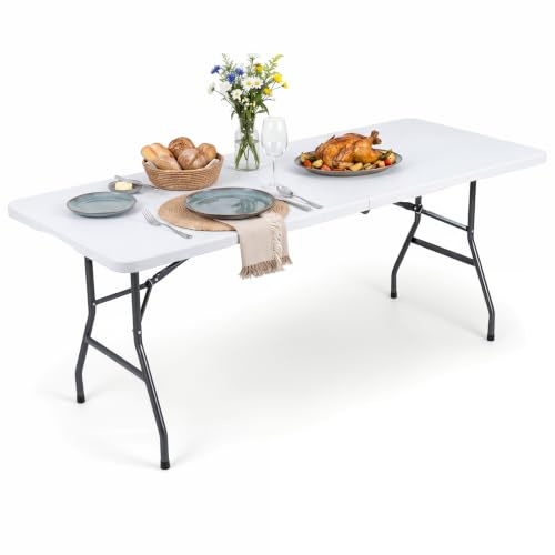COSTWAY Gartentisch 180x74cm, Campingtisch klappbar, Klapptisch mit HDPE-Tischplatte & Tragegriff, Balkontisch für 6-8 Personen, Partytisch, Buffettisch für Garten, Terrasse und Balkon (Weiß)