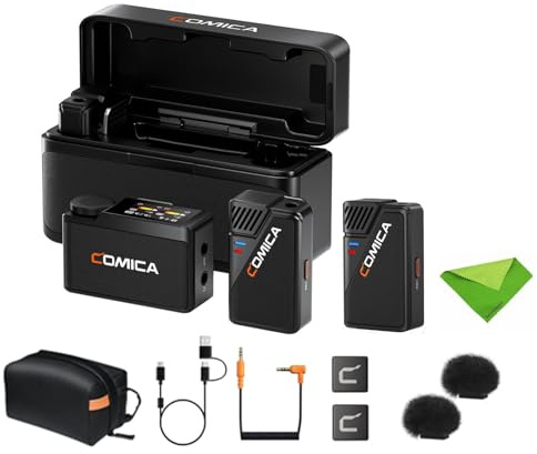 COMICA Microphone Cravate sans Fil BooMax pour Smartphones, appareils Photo,Double Micro-Cravate 2,4 G avec 2 émetteurs,Stockage 32 Go, étui de Chargement pour TikTok, interviews,diffusions en Direct