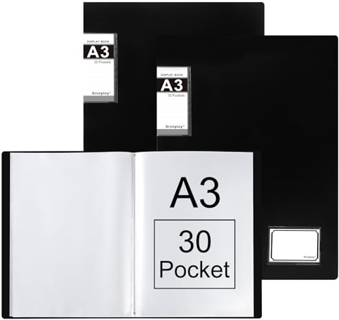 Srvnpioy 2 Stück A3 Sichtbuch Portfoliobuch, 30 Taschen, aus PP, Schwarz | A3 Kunststoff Präsentationsbuch mit 30 Hüllen für Portfolios, Gemälde, Fotos, Kunstwerke, Zeichnungen