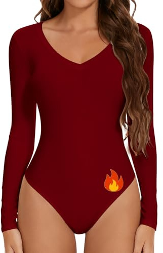 Joyshaper Body Femme Col V Manche Longue Haut Shirt Bodysuit Top Body Thermique Combinaison Maillot de Corps, Vin Rouge, L
