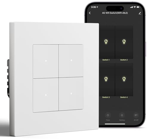 BSEED Smart Interrupteur Mural Encastré 4 Gang 1 Voie avec Cadre PC avec l'Application Smart Life/Tuya, WiFi Interrupteur Poussoir Compatible Alexa/Google Home, Blanc