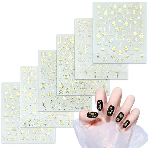 WD&CD Nagelsticker Weihnachten Glitzer 6 Blatt Nail Art Sticker Selbstklebend Nagelaufkleber Schneeflocke Weihnachten Winterurlaub Dekoration Nageldesign Zubehör - Gold