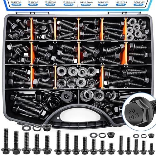 Bemaka 400Pcs Metric Flange Bolt Assortment, Nuts and Bolts Assortment Kit, 10.9 Grade M6x1.0, M8x1.25, M10x1.5 Metric Bolt, Black Hex Bolts and Nuts Washers Kit (12mm to 45mm)