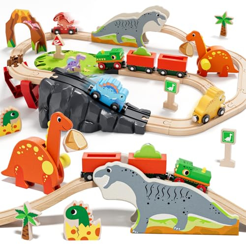 Lehoo Castle Wooden Train Set - Dinosaur Train Set for Toddlers 2-4, Wooden Train Track Railway Playset Toys for 3 4 5 6 Year Old Boys Girls Birthday Gifts