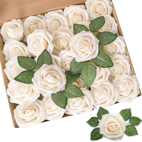 Coztie Künstliche Rosen, 25 Stück Blumen Schaumrosen Champagner | Gefälschte Kunstrose Rose Künstliche, Deko Blumen Fake Rosen, für DIY Hochzeit Blumensträuße Braut Zuhause Dekoration
