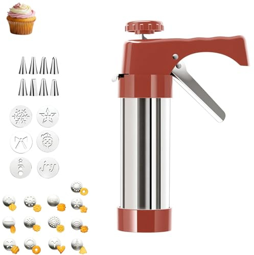 Stainless Steel Cookies Press,Cookie Press Gun Kit with 13 Cookie Discs and 8 Piping Tips for DIY cake Maker Decorating Baking Supplies (Red-1)
