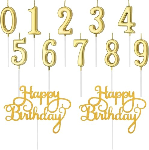 12 unidades número 0-9 cumpleaños números pastel velas,2 piezas de decoración de letras de feliz cumpleaños,Velas de Cumpleaños, para cumpleaños, bodas, aniversarios y fiestas de graduación (Oro)
