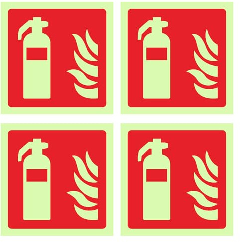 TIHNY Pack de 4 Señales de Extintor 10 x 10 cm, Pegatinas Fotoluminiscentes de PVC, Carteles de Seguridad Contra Incendios que Brillan en la Oscuridad