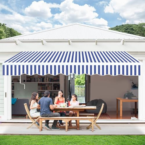 Eikuavons Markis, 300 x 250 cm, solmarkis, infällbar markis med handvev, justerbar vinkel upp till 30 grader, solskydd vattenskydd, inkl. vägghållare, blå, vit