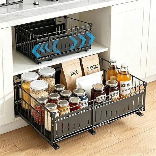 SHTALHST 2PCS Expandable Pull Out Cabinet Organiser, Kitchen Cupboard Organiser Pull Out, Slide Out Drawers for Kitchen Cabinets, Adhesive Rails No Drill, Adjustable Width 32cm-50cm