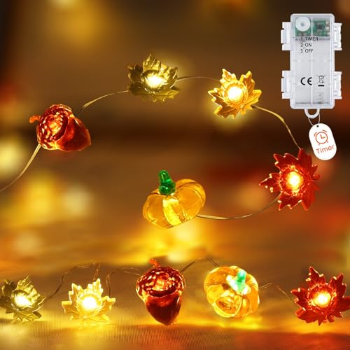 Autumn Fairy Lights, 20 LED Pumpkin Acorn Maple Leaf Garland with Timer, 10ft Battery Operated Waterproof Fall Decor for Home Indoor Outdoor, Thanksgiving Halloween Christmas Harvest Party Decorations