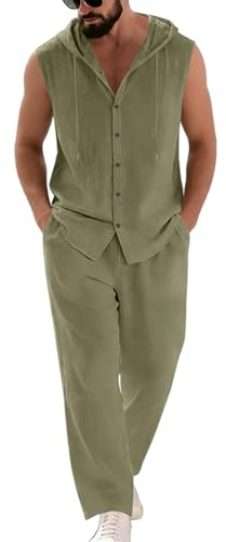 Oanviso Hombre 2 Piezas de Algodón y Lino Sin Mangas Camisa Tank Top con Capucha + Pantalones de Playa Deportivos Pantalón Completo Traje Conjuntos Verano