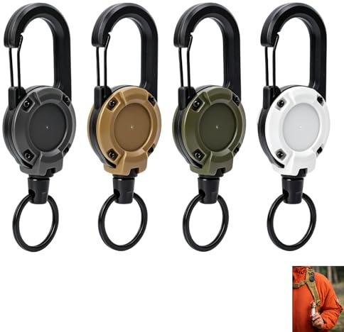 4 Piezas Llavero Retráctil, Llavero Extensible con Cable de Acero 64 cm, Porta Credenciales Mosquetón Metálico, Carrete Portallaves Resistente Tarjeta de Identificación Oficina Seguridad y Senderismo