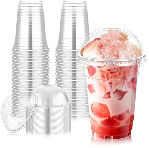KesaPlan 50 Pack 12oz / 360ml Plastic Cups with Dome Lids, Clear Smoothie Cup with Lids, Plastic Coffee Cups with Lids for Bubble Tea, Milkshake, Slushie, Ice Coffee, Cold Drinks to Go
