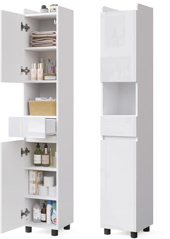 Mondeer Badezimmerschrank Schmal mit Hochglanzfront für Kleine Räume | Mit 2 verstellbaren Ablagen, 1 Schublade und offenen Fächern für Badezimmer Wohnzimmer Esszimmer, 30 x 30 x 170 cm, Weiß