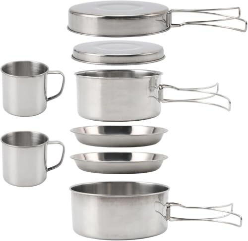 Camping Cookware Set 8pcs - Stainless Steel Pot & Pan Kit with Plates & Cutlery for 2-3 People | Portable Mess Kit for Camping, Hiking, Picnic & Outdoor Cooking (Compact & Lightweight)