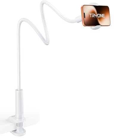 TRYONE Gooseneck Phone Holder Stand for Bed Flexible Arm Adjustable Cell Phones Mount Clamp on Desk Compatible with iPhone 12 Pro 12 11 Pro Xs 8 7 6 | S21 or Other 4-7 Devices