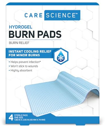 Care Science Hydrogel Sterile Burn Dressing Bandage Pads for Burn Relief, 4 ct | Instant Cooling Relief for Minor Burns & Wounds